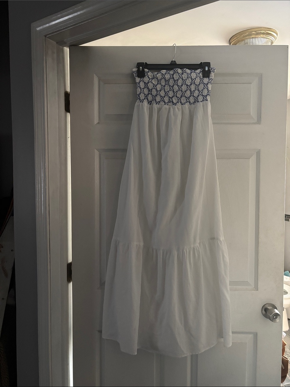 White Maxi Smocked dress with Blue Embroidery - Picture 1 of 3